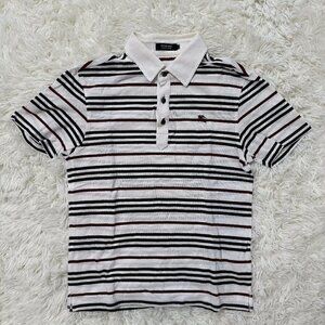 Burberry White Black and Brown Striped Short Sleeve Polo